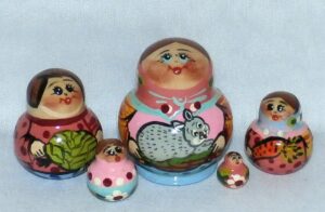 MINI Farmers family with rabbit Mini Tiny  Babushka Matryoshka nesting Doll Babooshki Babushkas