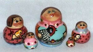 MINI   Farmers family blue dress with black rooster Mini Tiny  Babushka Matryoshka nesting Doll Babooshki Babushkas