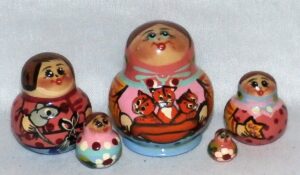 MINI  Farmers family with ginger kittens Mini Tiny  Babushka Matryoshka nesting Doll Babooshki Babushkas