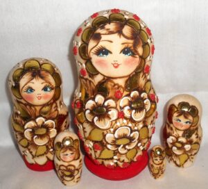 Girl with golden flowers basket Babushka Matryoshka nesting Doll Babooshki Babushkas