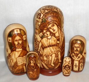 Our Lady of Perpetual Help wood-burn Babushka Matryoshka nesting Doll Babooshki Babushkas