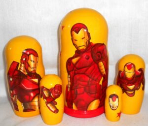 Iron Man on yellow Babushka Matryoshka nesting Doll  Babooshki Babushkas