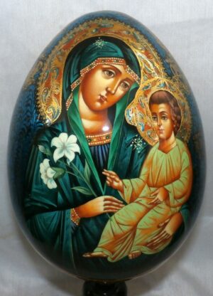 Our Lady Unfading Colour GIANT Egg two sided with decorated stand