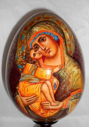 Virgin Mary on purple  royalty GIANT Egg with decorated stand