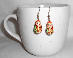 Earrings red haired Babushka   Babushka Matryoshka nesting Doll  Babooshki Babushkas