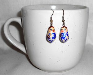 Earrings white and blue Babushka   Babushka Matryoshka nesting Doll  Babooshki Babushkas