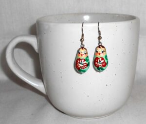 Earrings light green with red poppies Babushka   Babushka Matryoshka nesting Doll  Babooshki Babushkas