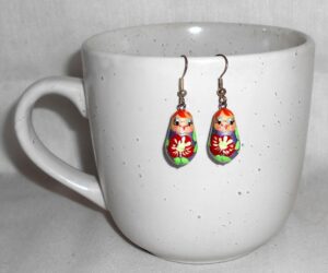 Earrings purple with poppies Babushka   Babushka Matryoshka nesting Doll  Babooshki Babushkas