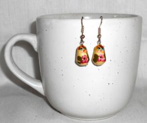 Earrings light gold with flowers Babushka   Babushka Matryoshka nesting Doll  Babooshki Babushkas