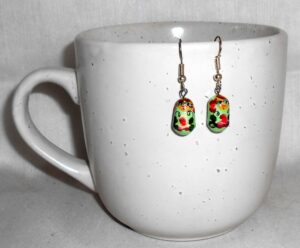 Earrings light green with red Babushka   Babushka Matryoshka nesting Doll  Babooshki Babushkas