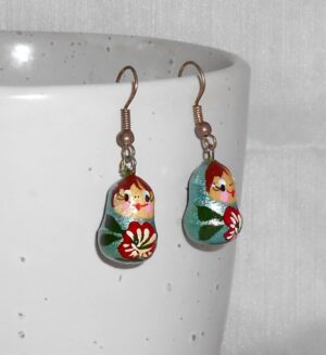 Earrings pearl blue with poppies nesting Doll Babooshki s