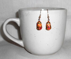 Earrings pearl orange with flowers Babushka   Babushka Matryoshka nesting Doll  Babooshki Babushkas