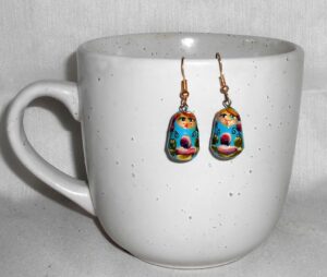 Earrings blue and dark red flowers Babushka   Babushka Matryoshka nesting Doll  Babooshki Babushkas