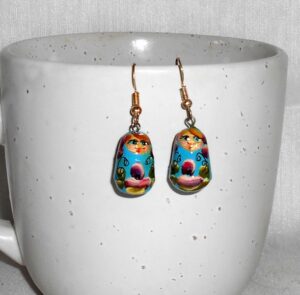 Earrings blue and dark red flowers nesting Doll Babooshki s