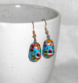 Earrings blue and dark red flowers nesting Doll Babooshki s