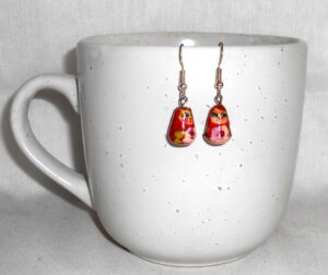 Earrings red and pink flowers Babushka   Babushka Matryoshka nesting Doll  Babooshki Babushkas