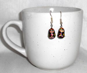 Earrings black and purple flowers Babushka   Babushka Matryoshka nesting Doll  Babooshki Babushkas