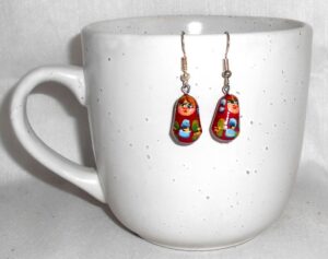 Earrings deep red and blue flowers Babushka   Babushka Matryoshka nesting Doll  Babooshki Babushkas