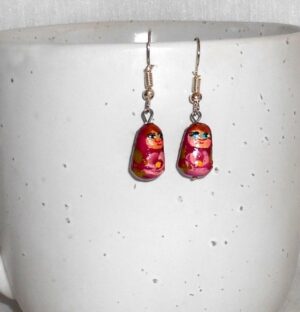 Earrings red and pink flowers Babushka   Babushka Matryoshka nesting Doll  Babooshki Babushkas
