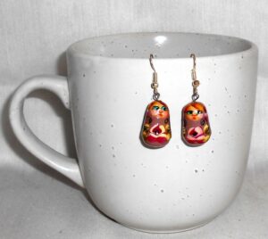 Earrings pinkish and flowers Babushka   Babushka Matryoshka nesting Doll  Babooshki Babushkas