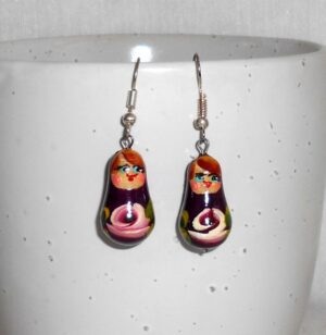 Earrings dark violet and flowers nesting Doll Babooshki s
