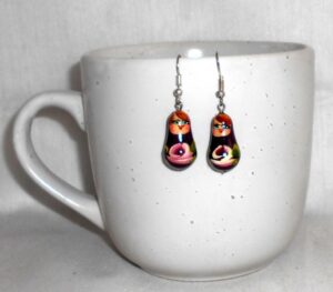 Earrings dark violet and flowers Babushka   Babushka Matryoshka nesting Doll  Babooshki Babushkas