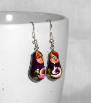 Earrings dark violet and flowers nesting Doll Babooshki s
