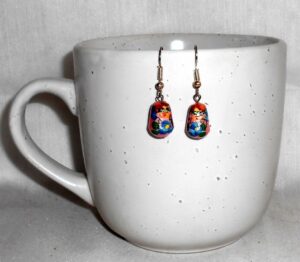 Earrings pink and blue flowers Babushka   Babushka Matryoshka nesting Doll  Babooshki Babushkas