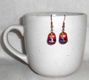 Earrings hot pink and blue flowers Babushka   Babushka Matryoshka nesting Doll  Babooshki Babushkas
