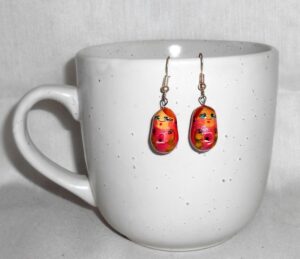Earrings light pink and flowers Babushka   Babushka Matryoshka nesting Doll  Babooshki Babushkas