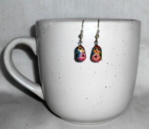 Earrings light blue and flowers Babushka   Babushka Matryoshka nesting Doll  Babooshki Babushkas
