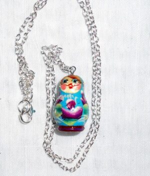 Babushka Necklace cyan magenta flowers Matryoshka Babooshki Babushkas