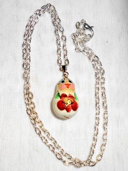 Babushka Necklace white with red flowers Matryoshka Babooshki Babushkas