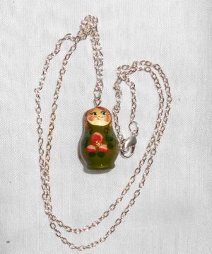Babushka Necklace olive green red flowers Matryoshka Babooshki Babushkas