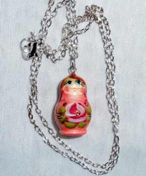 Babushka Necklace sparkly pink red flowers Matryoshka Babooshki Babushkas