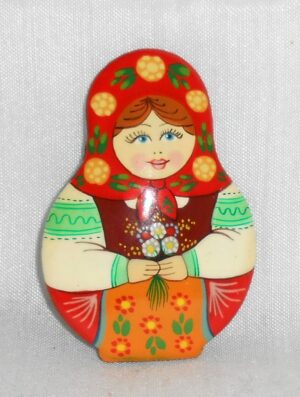 Katya in red scarf with flower bunch Brooch