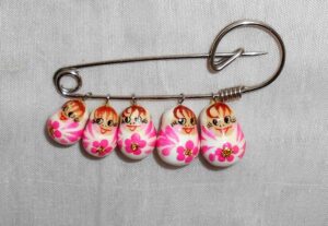 Babushka pin white with pink flowers Matryoshka Babooshki Babushkas