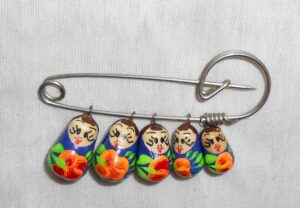 Babushka pin blue with yellow-red flowers Matryoshka Babooshki Babushkas
