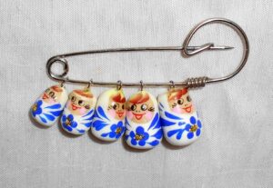 Babushka pin white with blue flowers Matryoshka Babooshki Babushkas