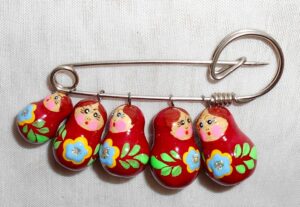 Babushka pin red with blue-yellow flowers Matryoshka Babooshki Babushkas