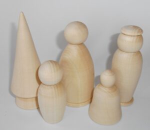 DIY family with high tree and bell set of 5 raw plain unpainted Unfinished Montessori blank