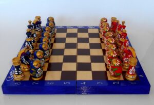 Chess Set Babushka Style White/Blue vs Blue/White   Babushka Matryoshka nesting Doll  Babooshki Babushkas