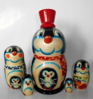 Funny Penguin in bowler hat II 5-set Babushka Matryoshka nesting Doll Babooshki Babushkas