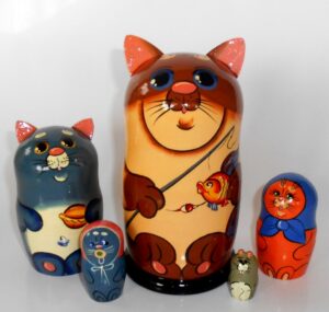 Funny brown Cat fisherman 5-set Babushka Matryoshka nesting Doll Babooshki Babushkas