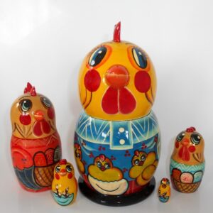 Funny Choock Chicken Rooster in blue shirt 5-set Babushka Matryoshka nesting Doll Babooshki Babushkas
