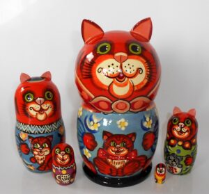 Funny red Cat with kitten blue dress 5-set Babushka Matryoshka nesting Doll Babooshki Babushkas