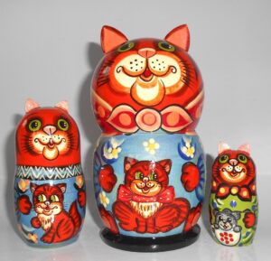 Funny ginger Cat with kitten blue dress 5-set Babushka Matryoshka nesting Doll Babooshki Babushkas