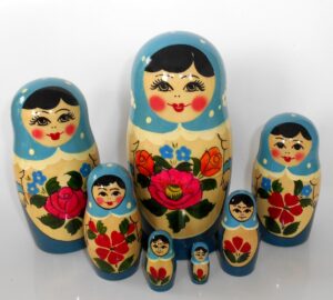 Semenov blue scarf and  roses 7-set Babushka Matryoshka nesting Doll Babooshki Babushkas Classic Village Traditional