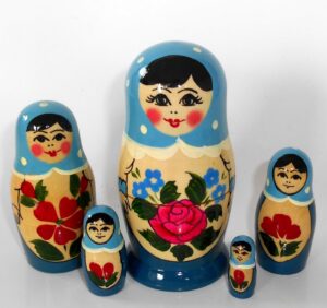 Semenov blue scarf with roses 5-set Babushka  Matryoshka nesting Doll Babooshki Babushkas Classic Village Traditional