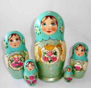 Tea party aqua scarf Babushka Matryoshka nesting Doll Babooshki Babushkas Classic Village Traditional